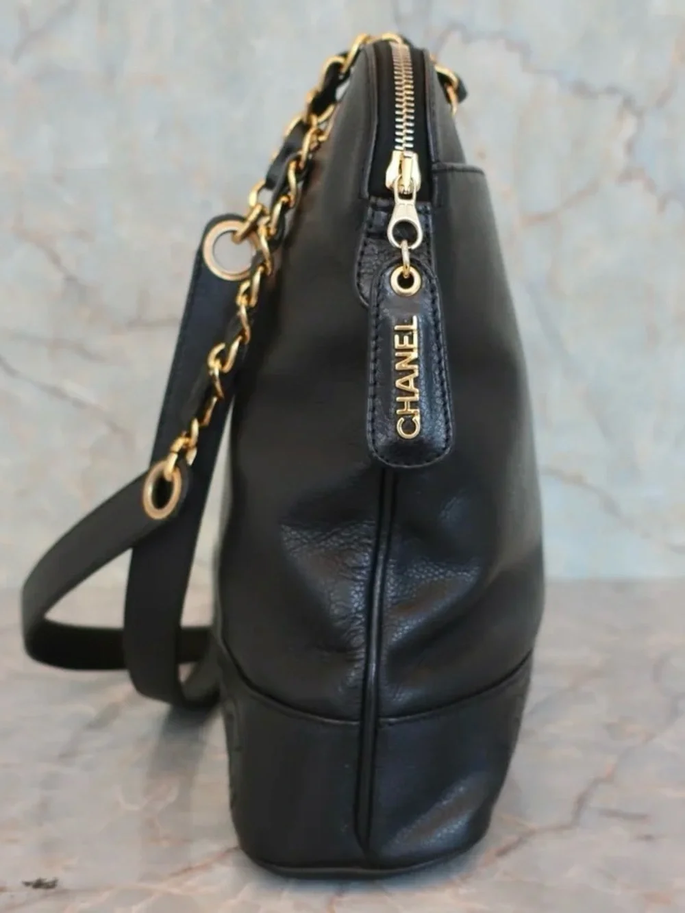 Authentic CHANEL triple CC black caviar leather shopping tote